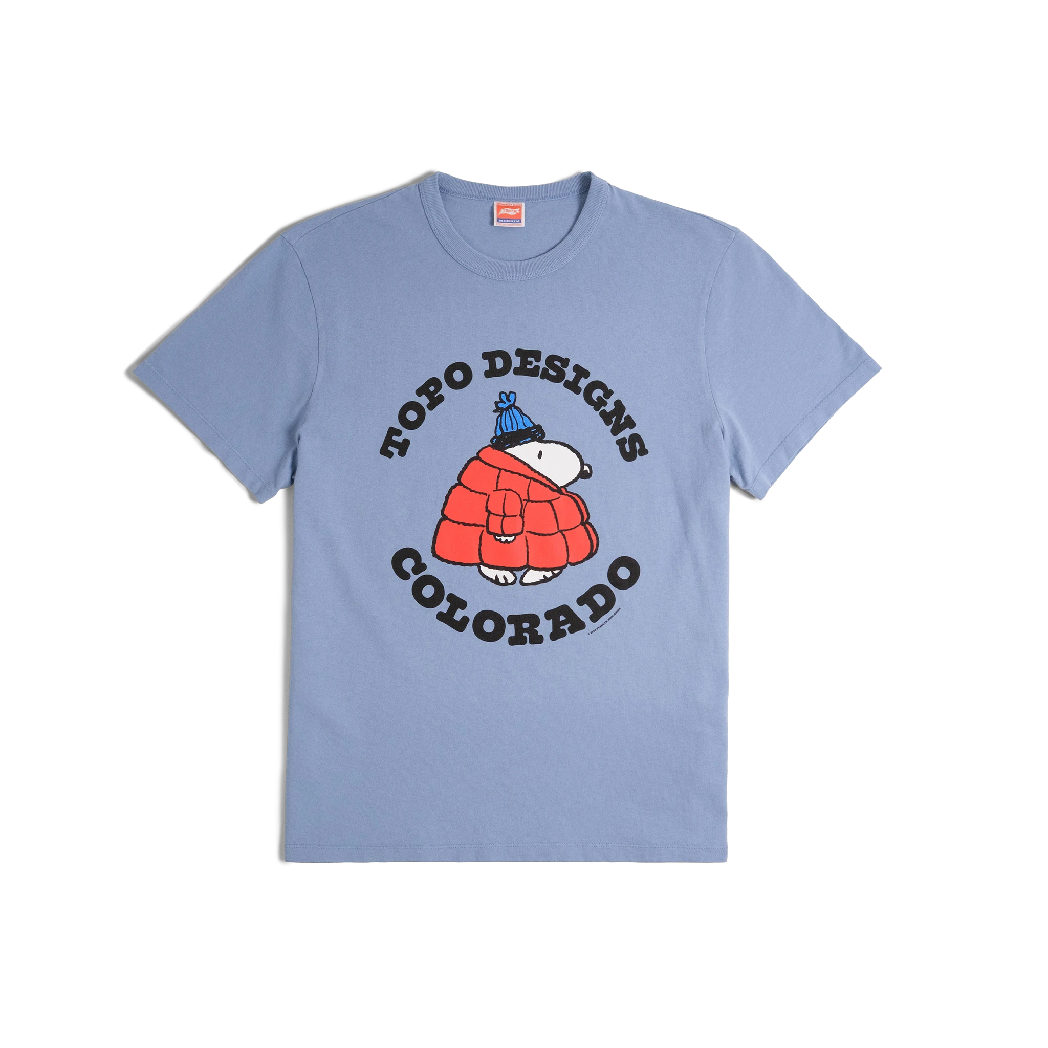 General front image of Topo Designs x TSPTR Puffy Coat Tee in "Sky Blue"