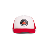 General front image of Topo Designs x TSPTR Snoopy Trucker in "Red / White"