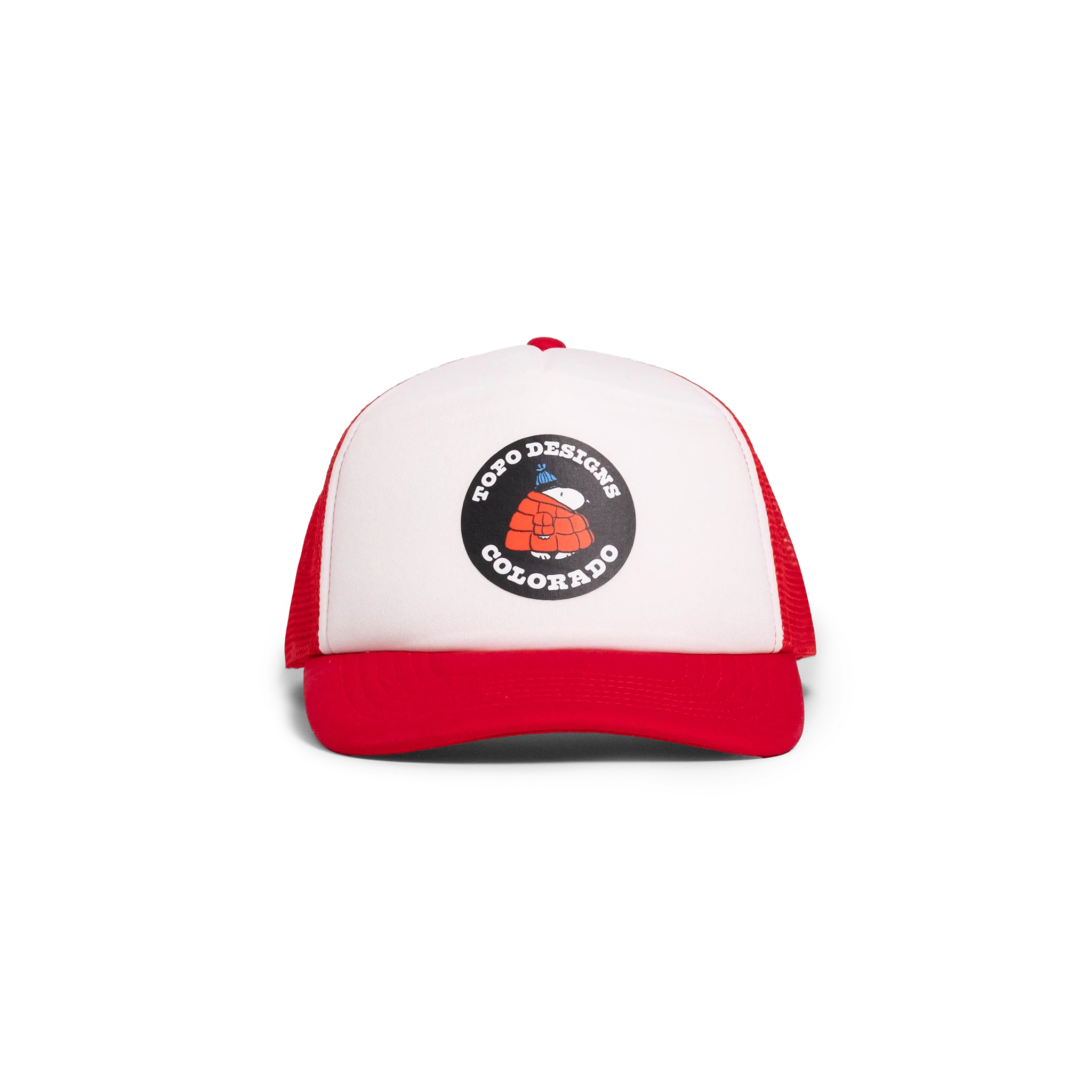General front image of Topo Designs x TSPTR Snoopy Trucker in "Red / White"