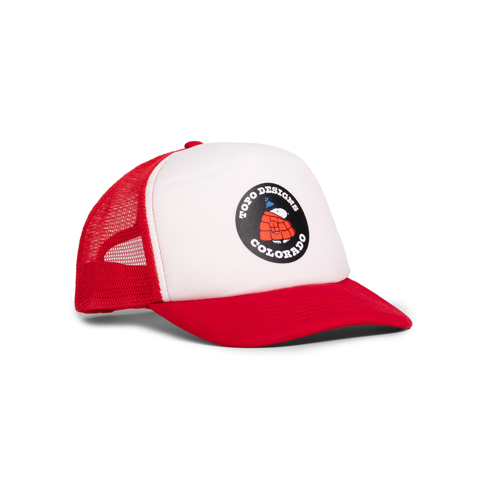 General quarter angle image of Topo Designs x TSPTR Snoopy Trucker in "Red / White"