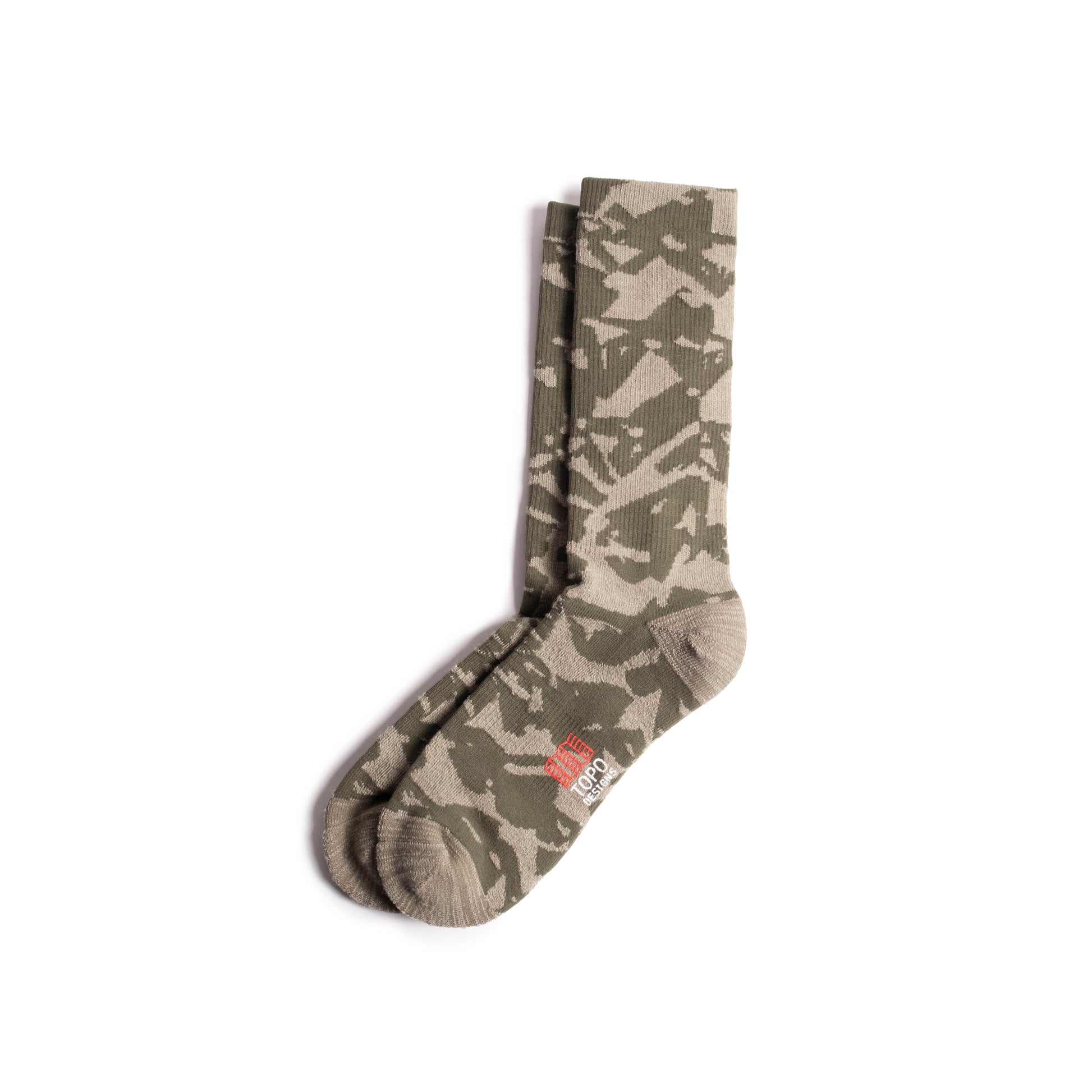 Front shot of Topo Designs Town Socks in "Oil Green Geo"