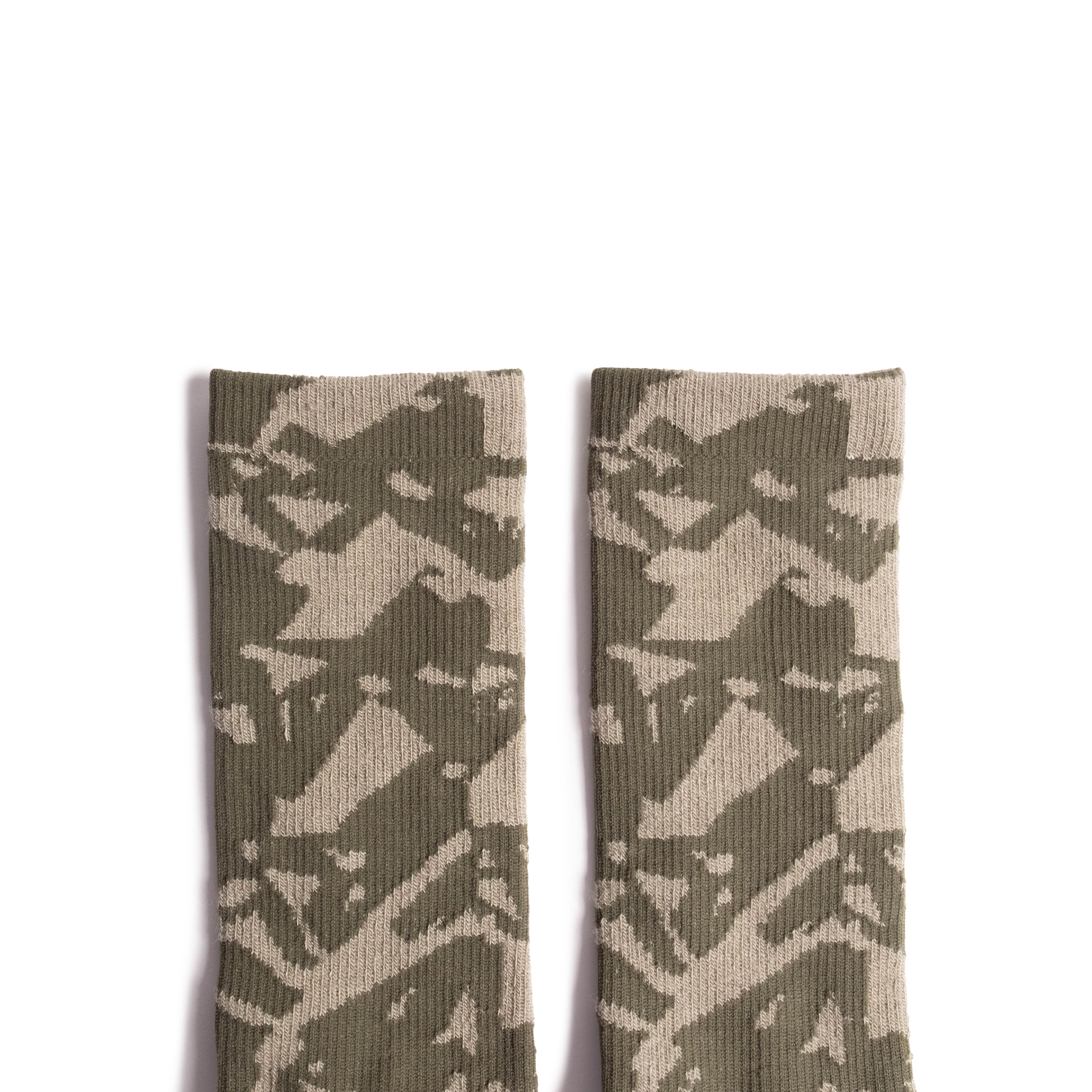 Top shot of Topo Designs Town Socks in "Oil Green Geo"