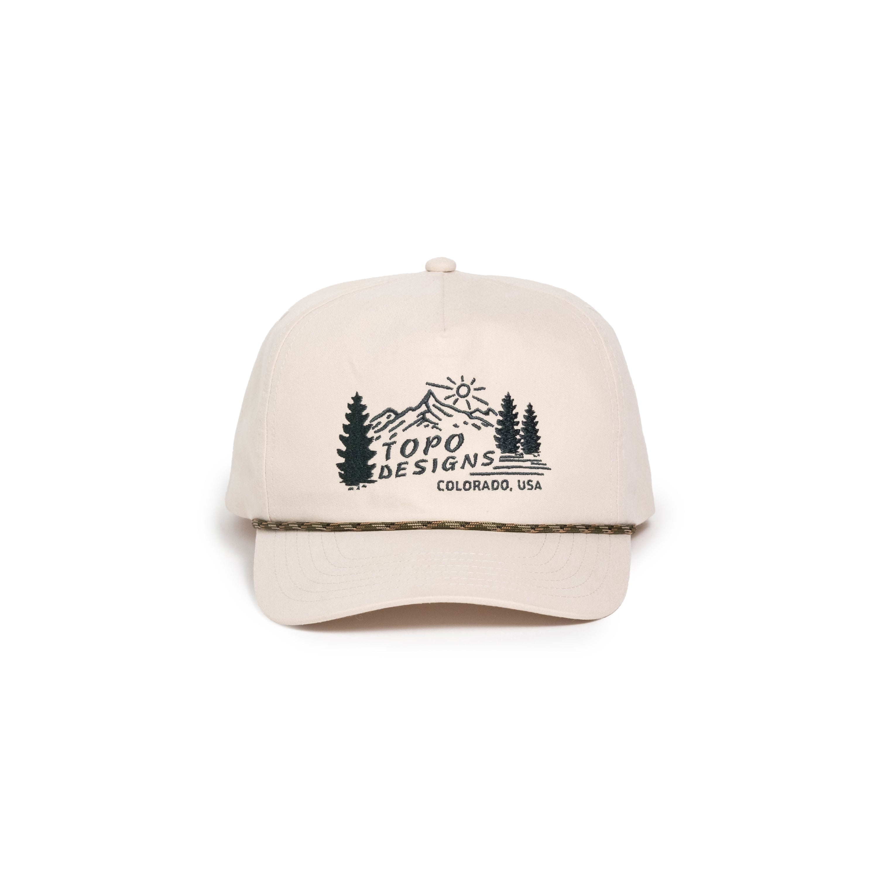 Front white background image of Topo Designs Twill Rope Cap - Mountain Scene in "Bone White"