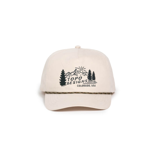 Front white background image of Topo Designs Twill Rope Cap - Mountain Scene in "Bone White"