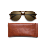 General view of VALLON X Topo Designs sunglasses in "Brown / Brown" with leather sunglasses case.