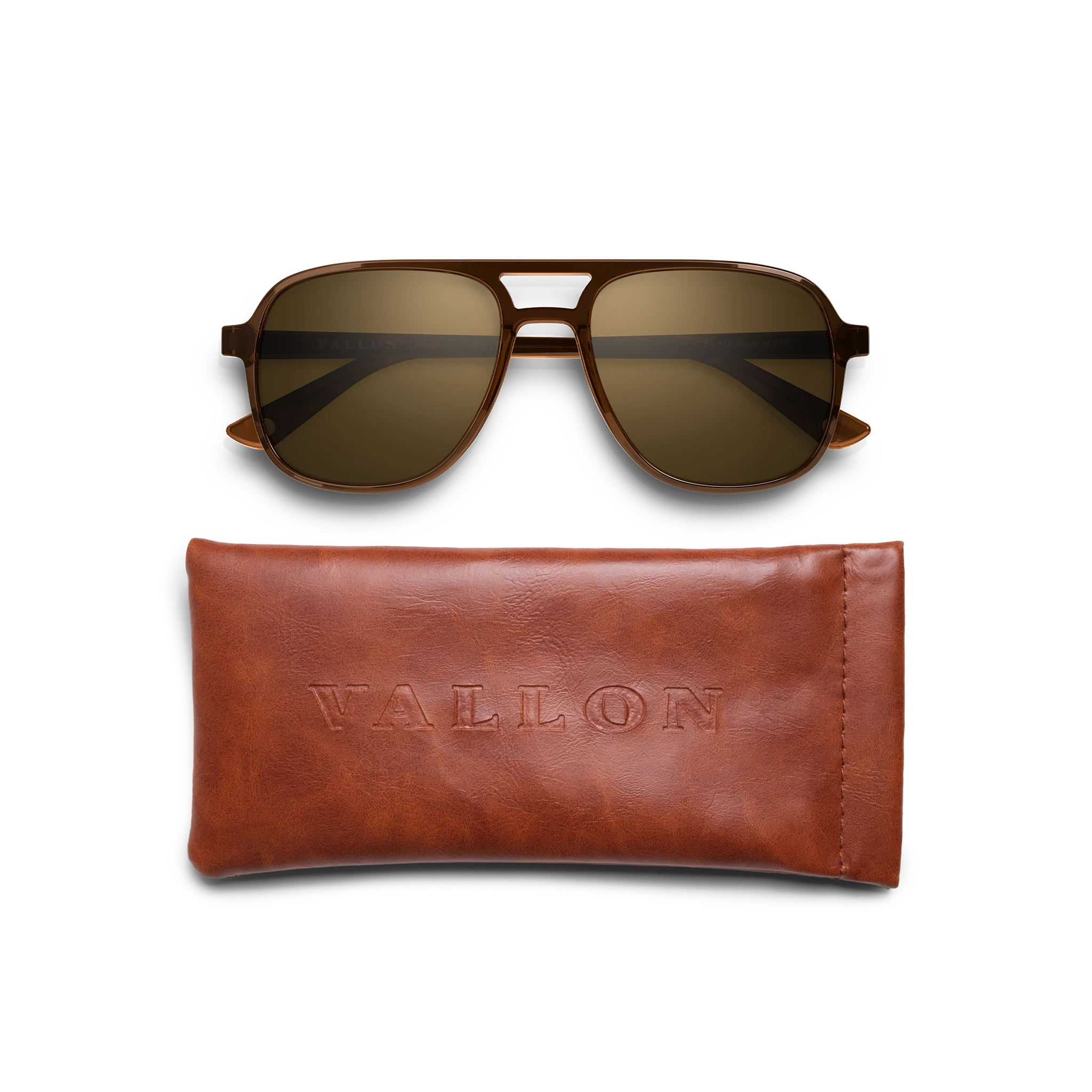 General view of VALLON X Topo Designs sunglasses in "Brown / Brown" with leather sunglasses case.