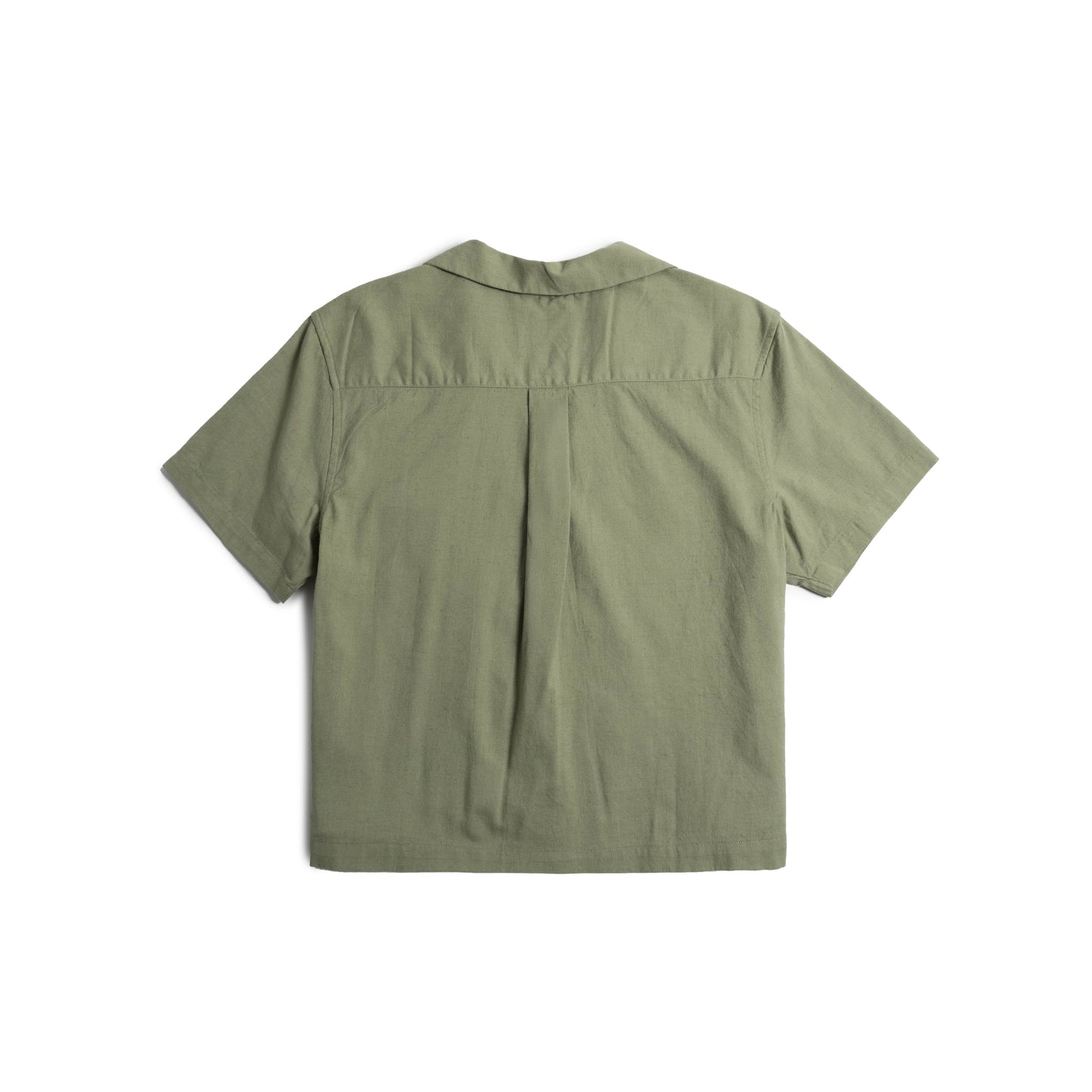 Back flat lay image on white background of Topo Designs Daytripper Short Sleeve Shirt - Women's in "Oil Green"