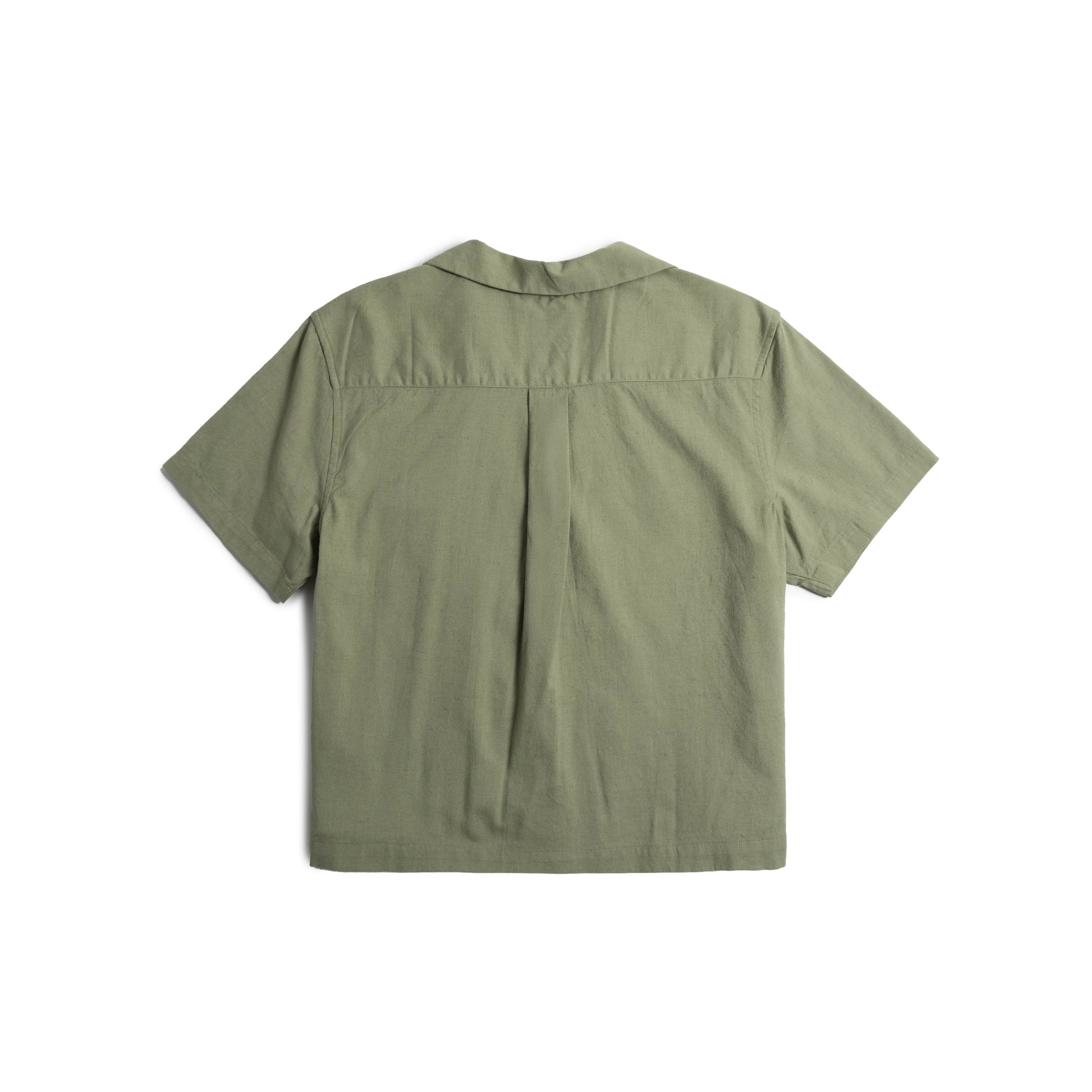 Back flat lay image on white background of Topo Designs Daytripper Short Sleeve Shirt - Women's in "Oil Green"
