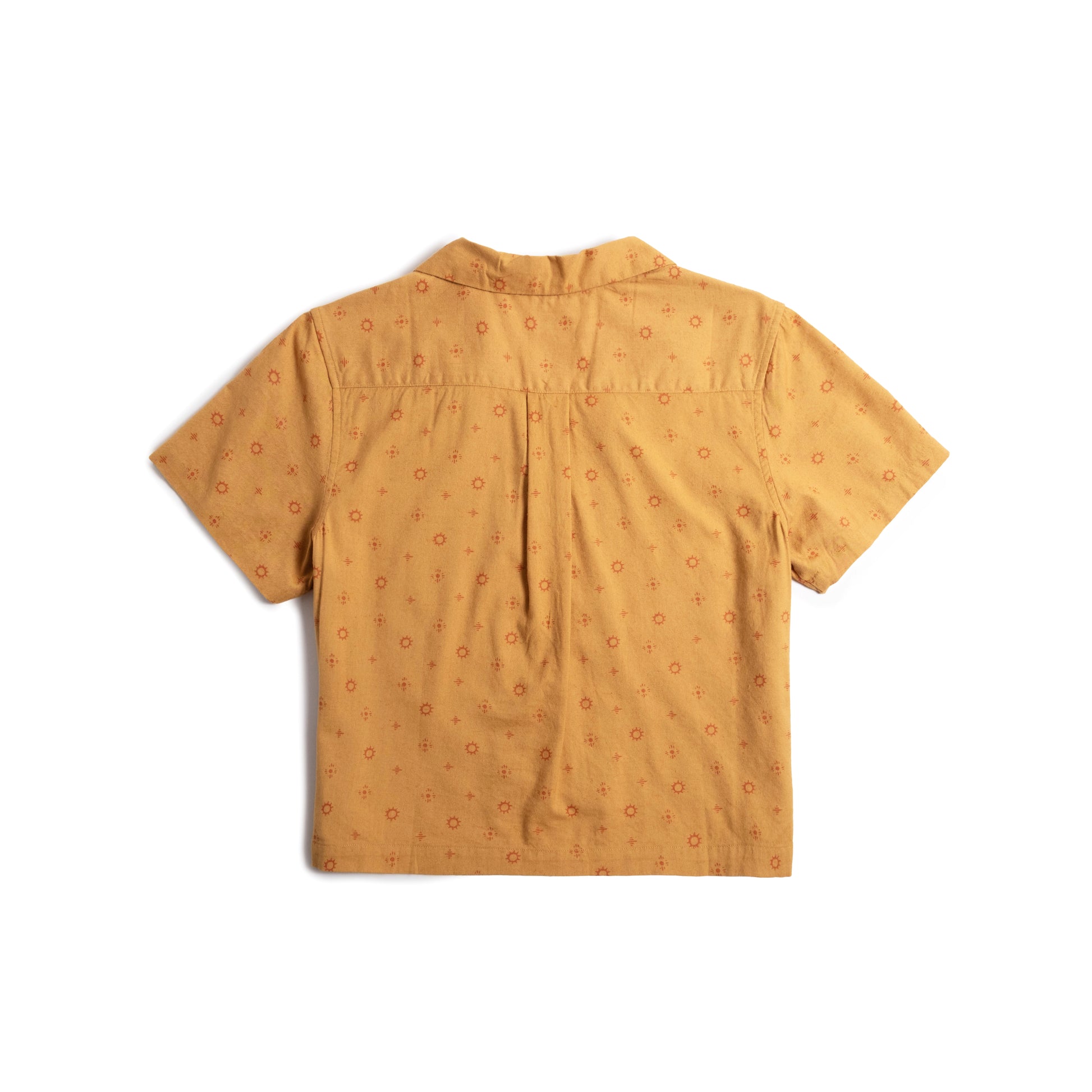 Back flat lay image on white background of Topo Designs Daytripper Short Sleeve Shirt - Women's in "Tossed Motif Goldenrod"