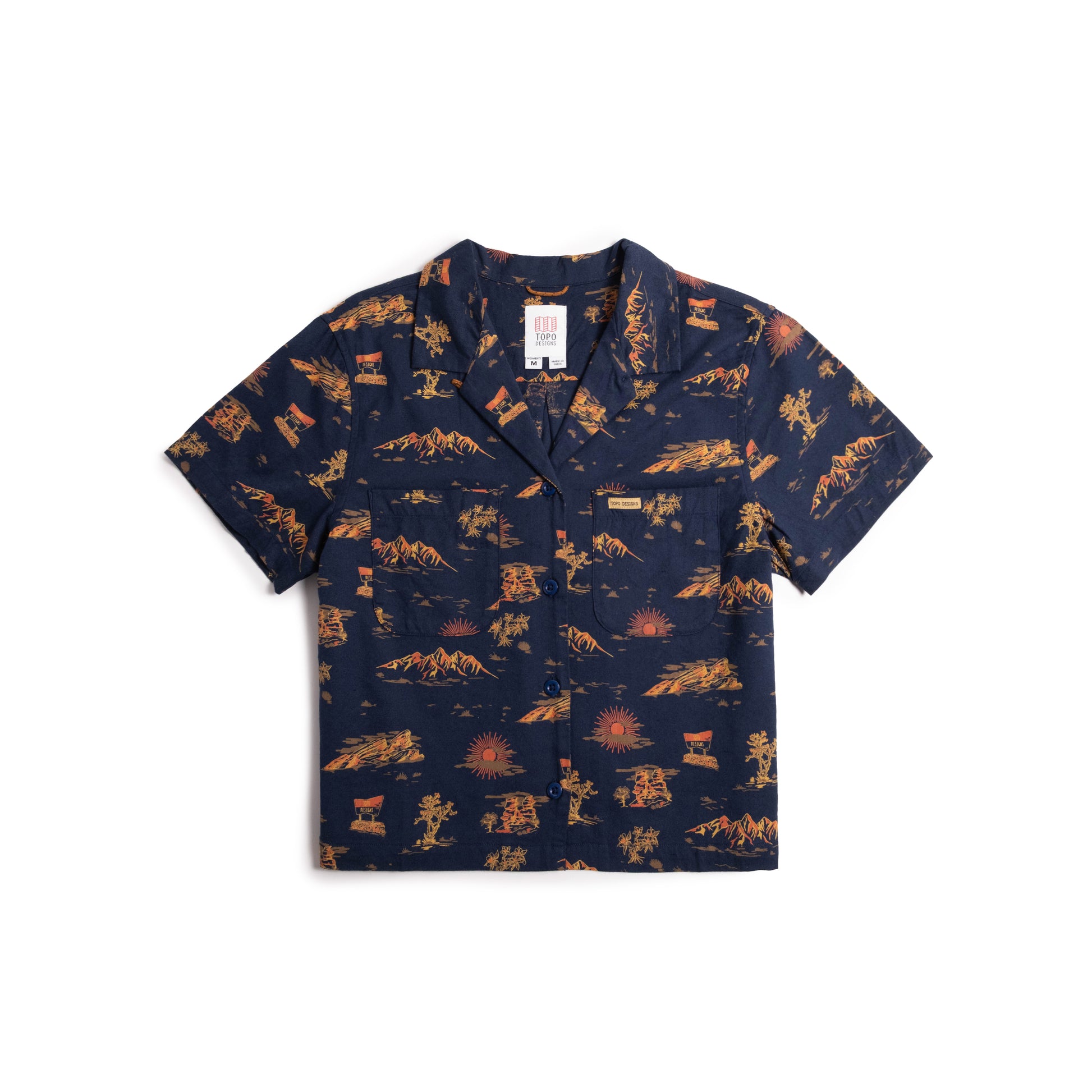 Front flat lay image on white background of Topo Designs Daytripper Short Sleeve Shirt - Women's in "Westbound Midnight"