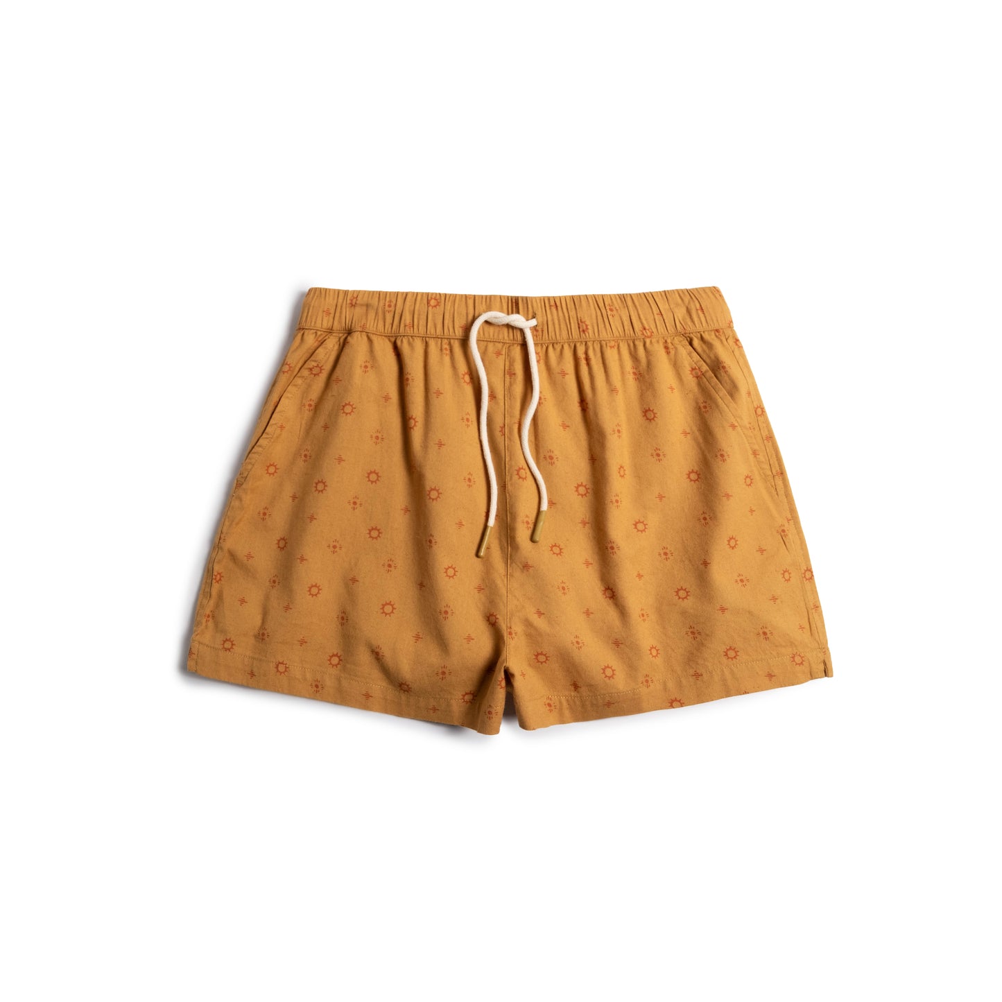 Front View of Topo Designs Daytripper Shorts - Women's in "Tossed Motif Goldenrod"