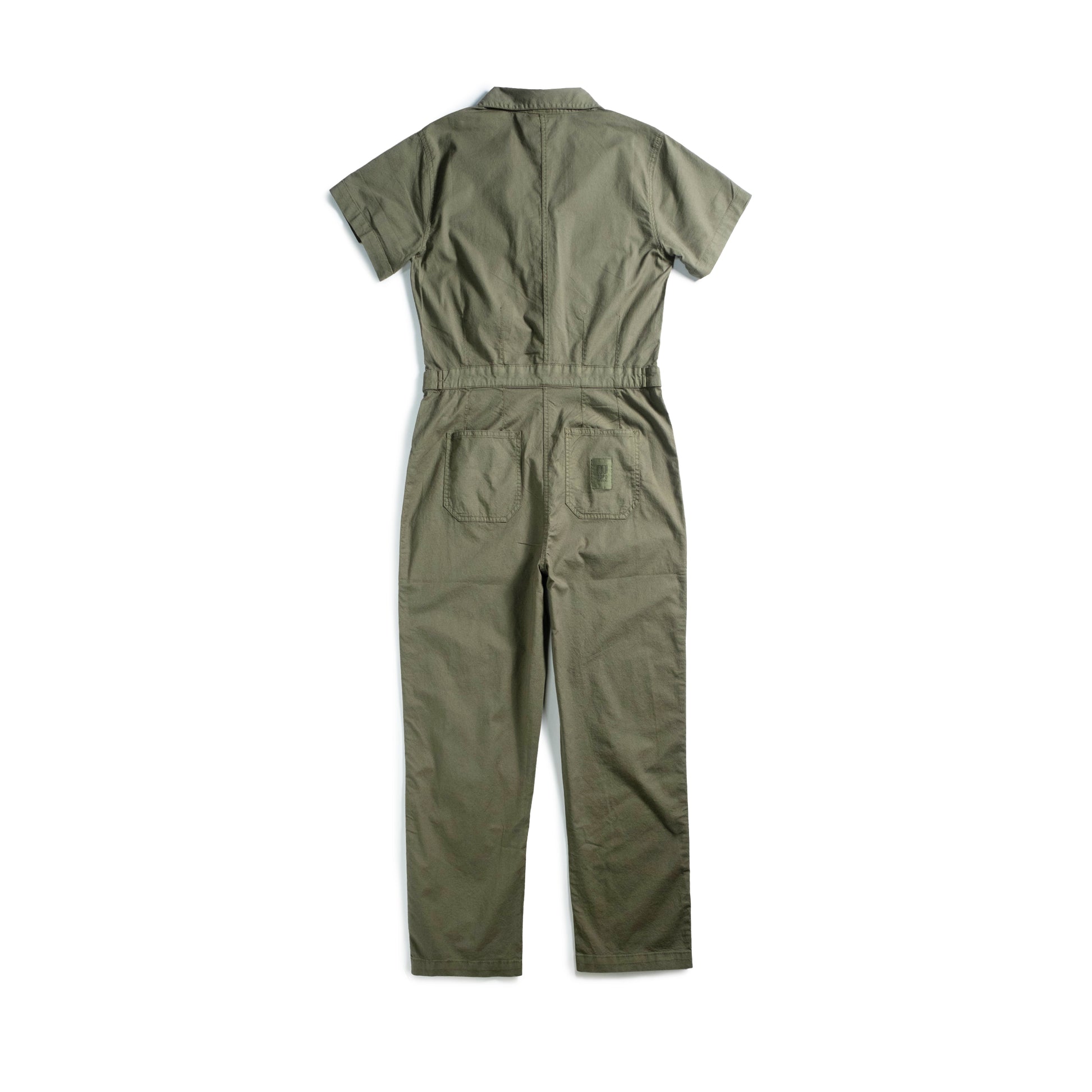 Back white background flat lay image of Topo Designs Desert Coverall - Women's in "Beetle"