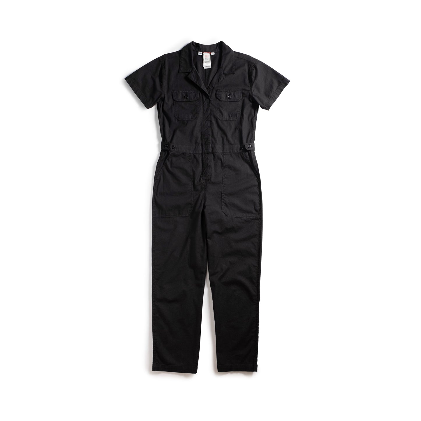 Front white background flat lay image of Topo Designs Desert Coverall - Women's in "Black"