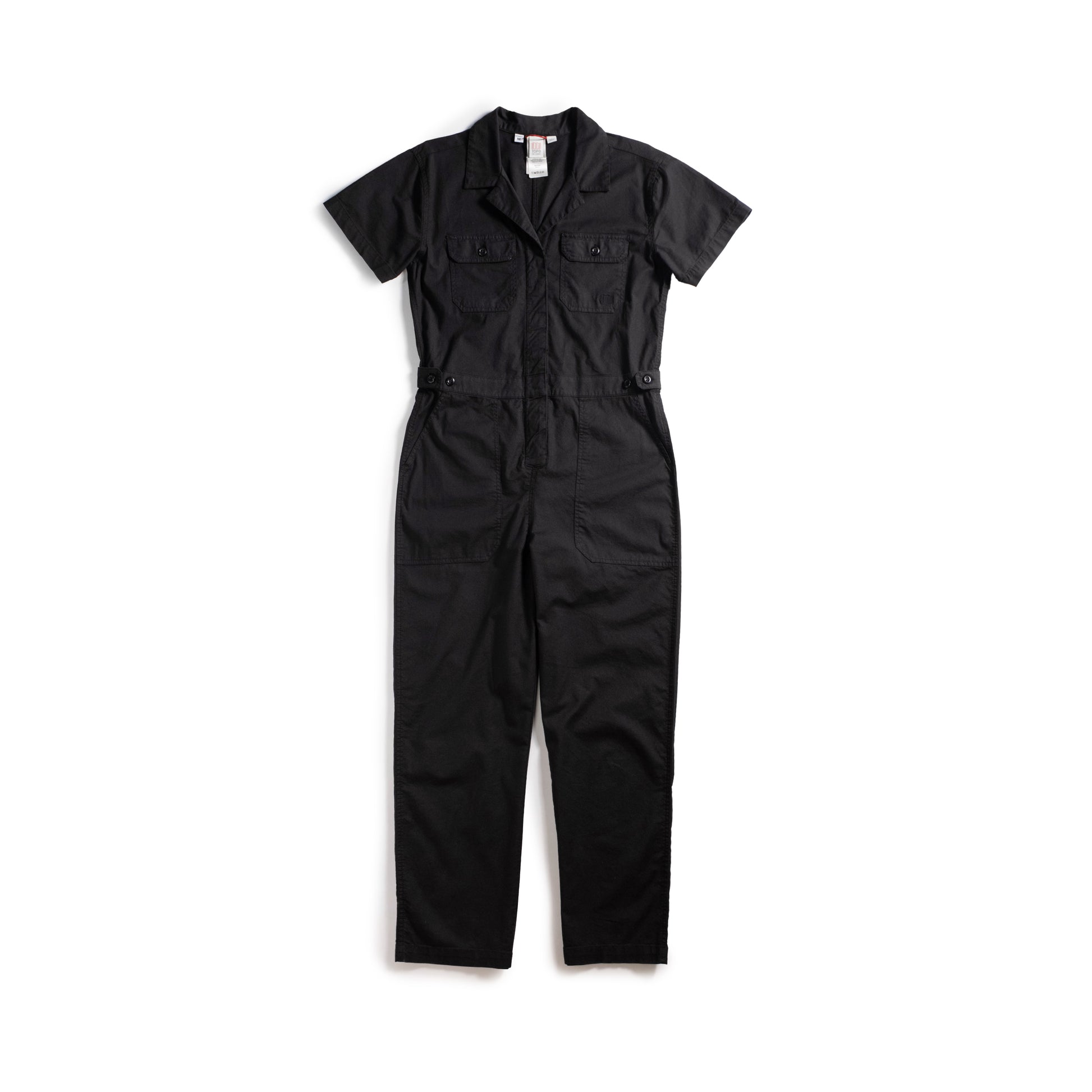 Front white background flat lay image of Topo Designs Desert Coverall - Women's in "Black"