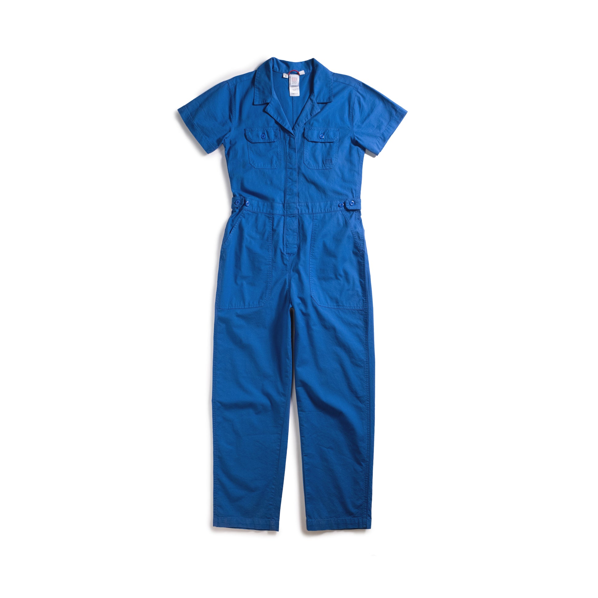 Front white background flat lay image of Topo Designs Desert Coverall - Women's in "French Blue"