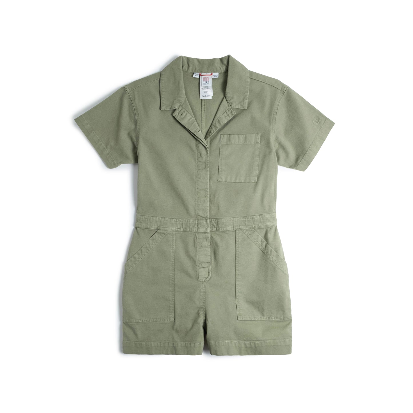 Front View of Topo Designs Dirt Romper - Women's in "Oil Green"