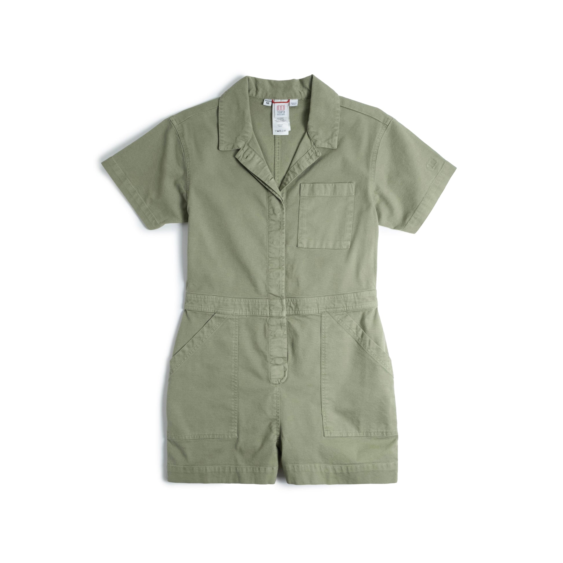 Front View of Topo Designs Dirt Romper - Women's in "Oil Green"