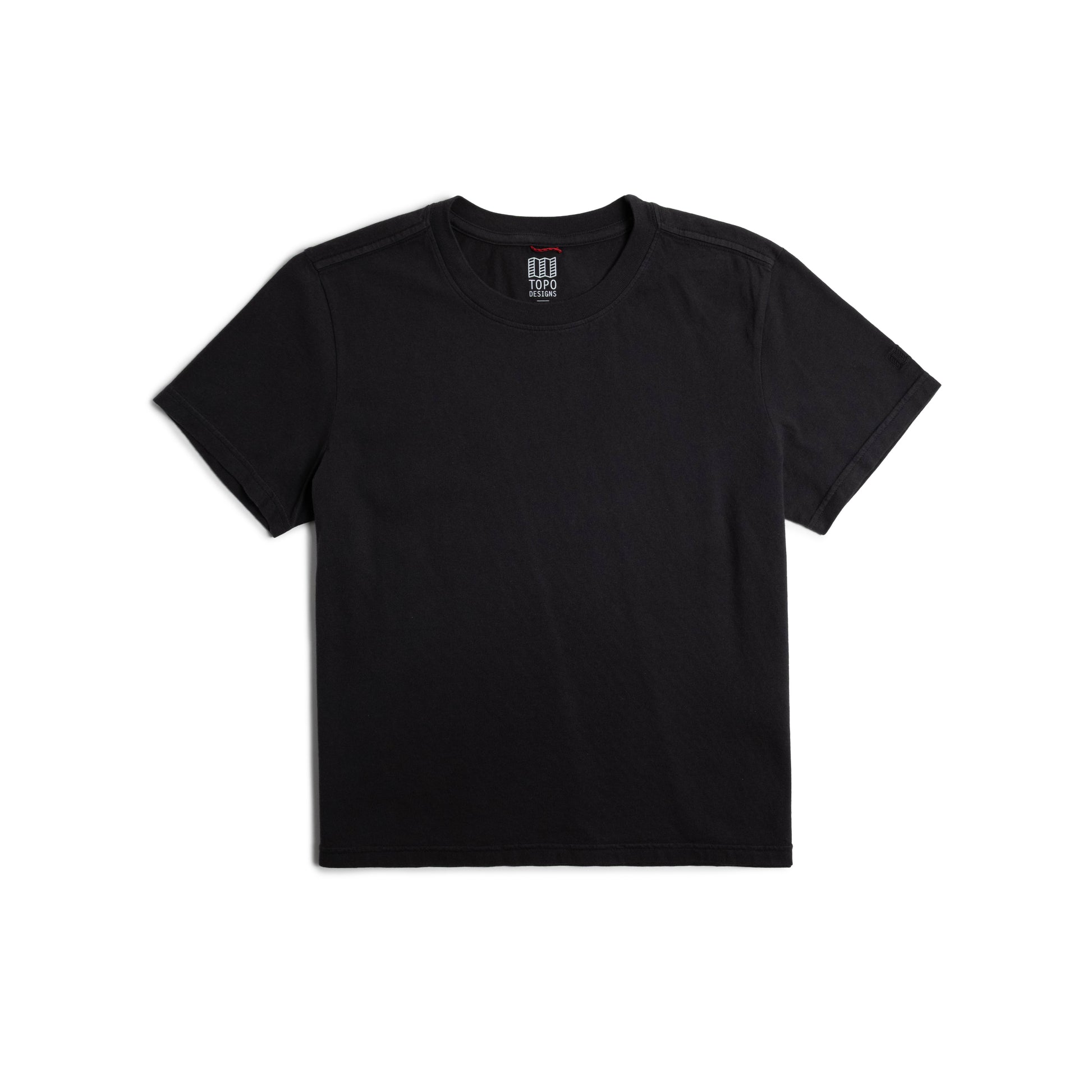 Front flat lay image on white background of Topo Designs Dirt Tee - Women's in "Black"