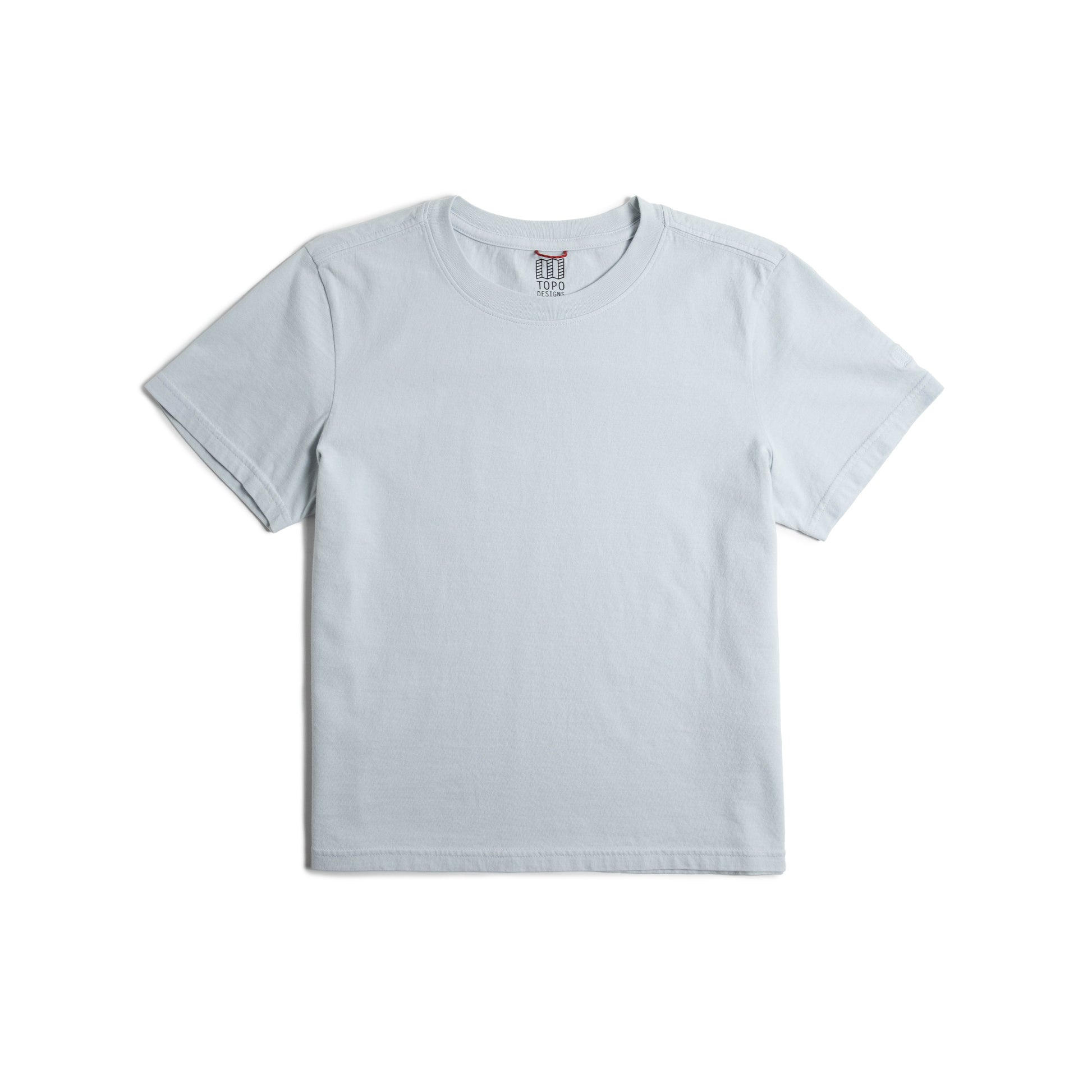 Front flat lay image on white background of Topo Designs Dirt Tee - Women's in "Breeze Blue"
