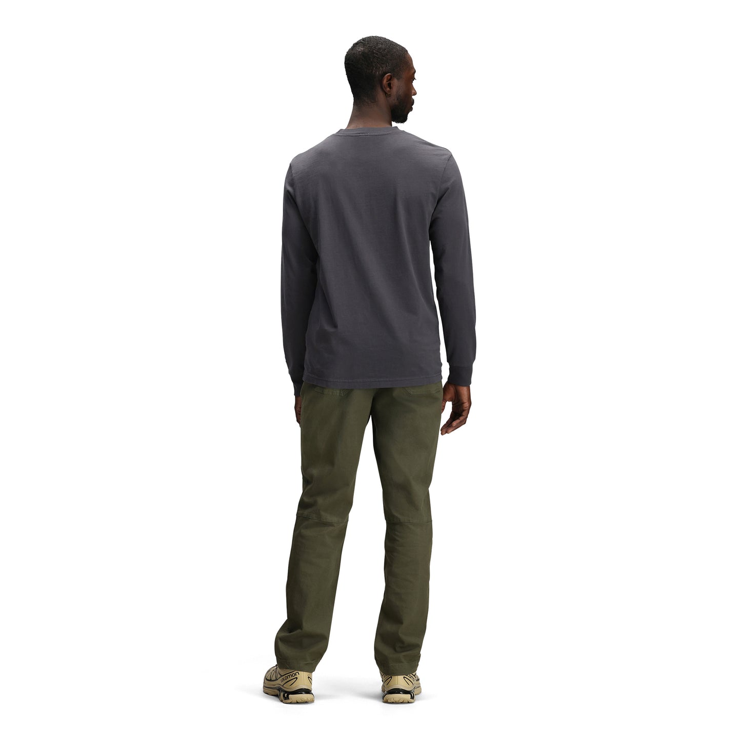 General back model shot of Topo Designs Dirt Pants Classic - Men's in "Beetle"