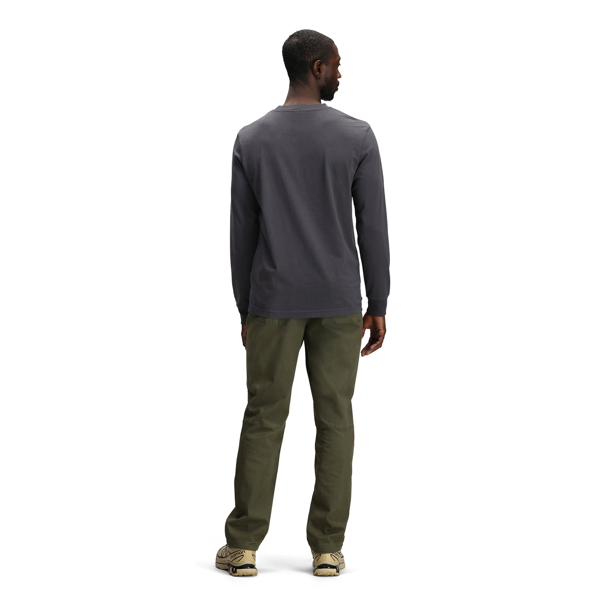 General back model shot of Topo Designs Dirt Pants Classic - Men's in "Beetle"