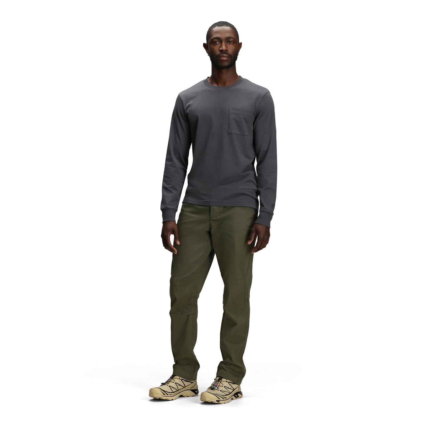General front model shot of Topo Designs Dirt Pants Classic - Men's in "Beetle"