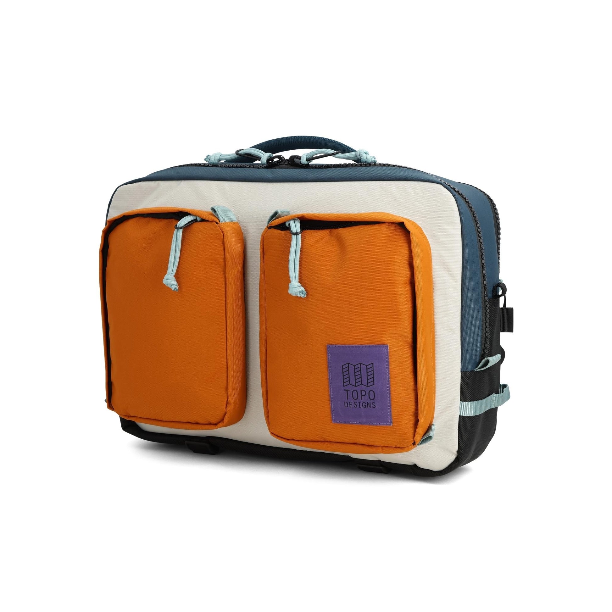 Front View of Topo Designs Global Briefcase in "Pond Blue / Spice"