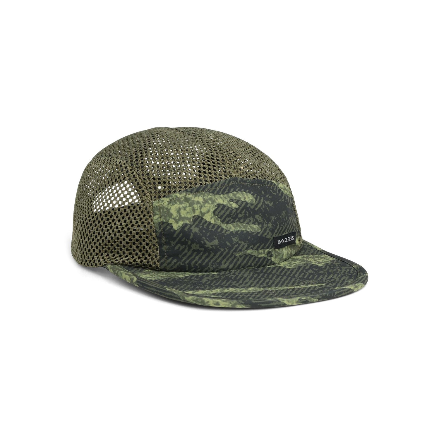 Front View of Topo Designs Global Hat in "Textured Camo Beetle"