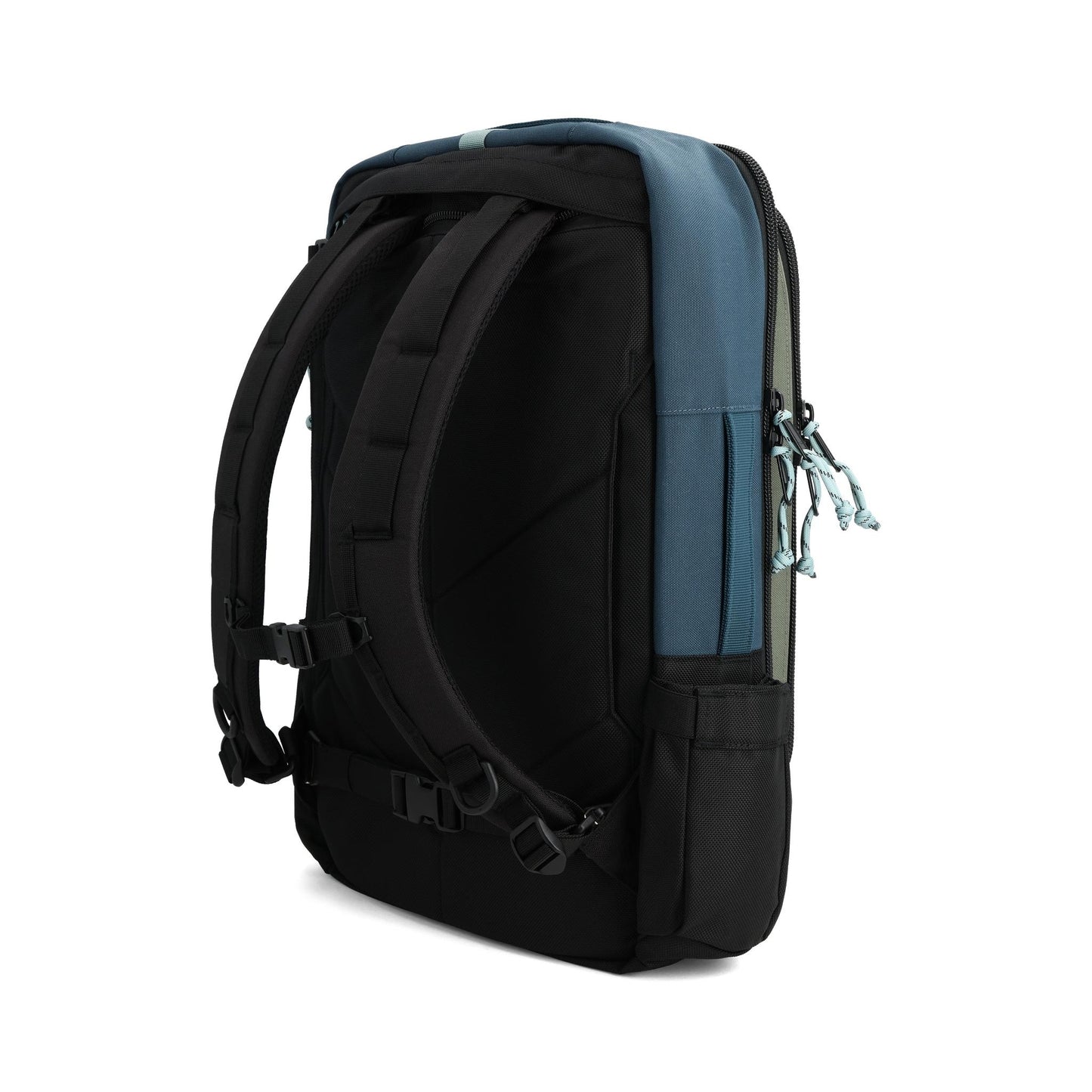 General detail shot of back view of Topo Designs Global Travel Bag 30L in "Pond Blue / Spice"