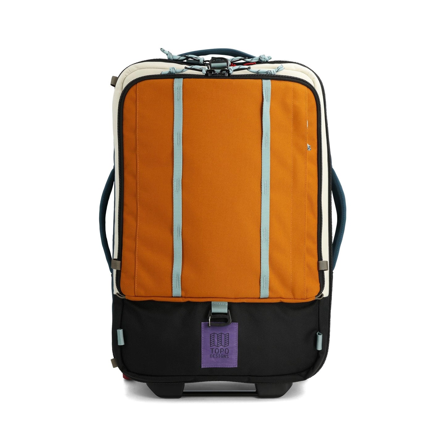 Front View of Topo Designs Global Travel Bag Roller in "Pond Blue / Spice"