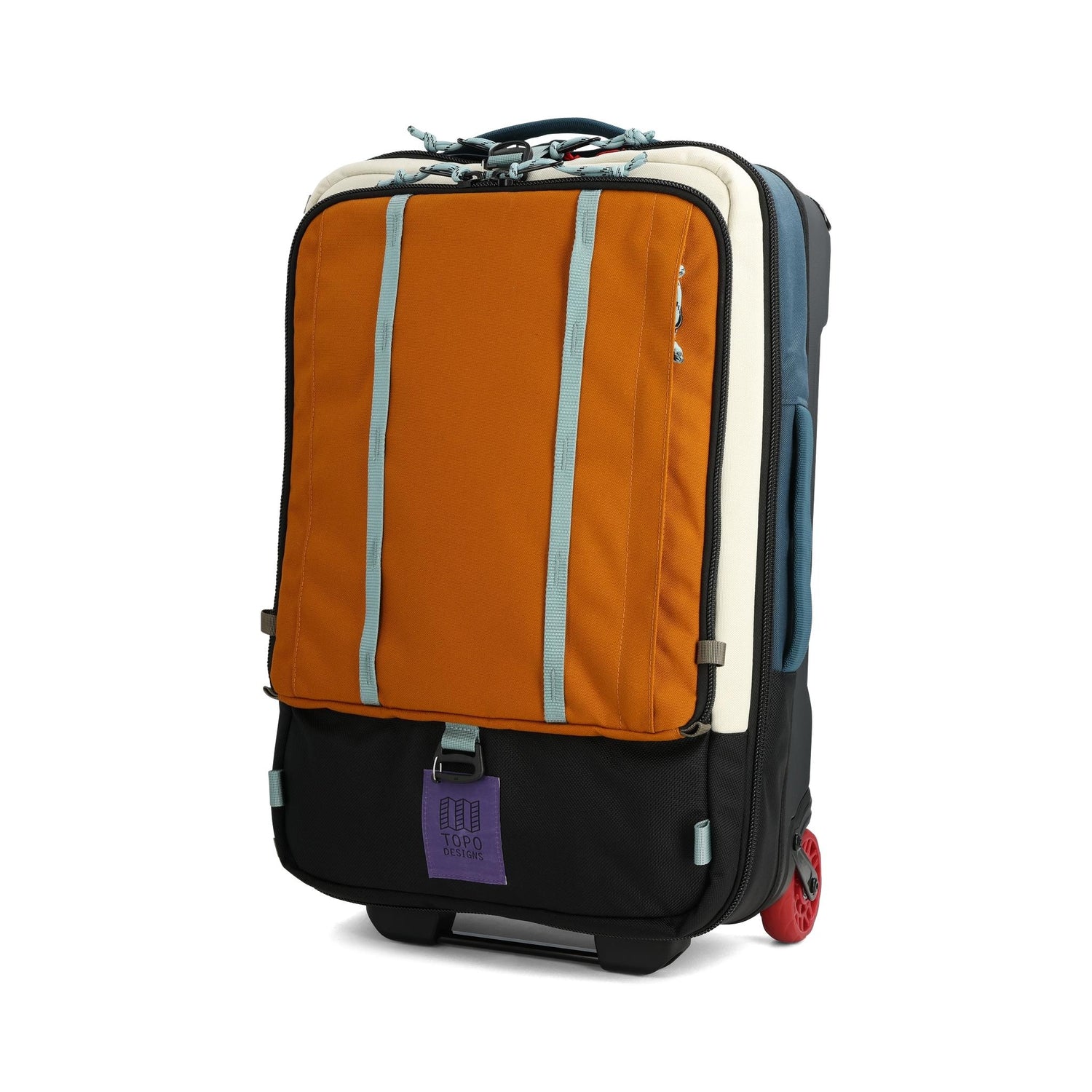 Front View of Topo Designs Global Travel Bag Roller in "Pond Blue / Spice"