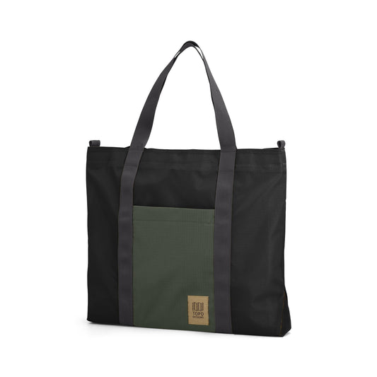 Front View of Topo Designs Mountain Essential Tote in "Black / Neutral"
