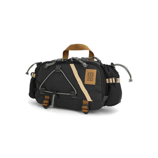 Front View of Topo Designs Mountain Hydro Hip Pack in "Black / Neutral"