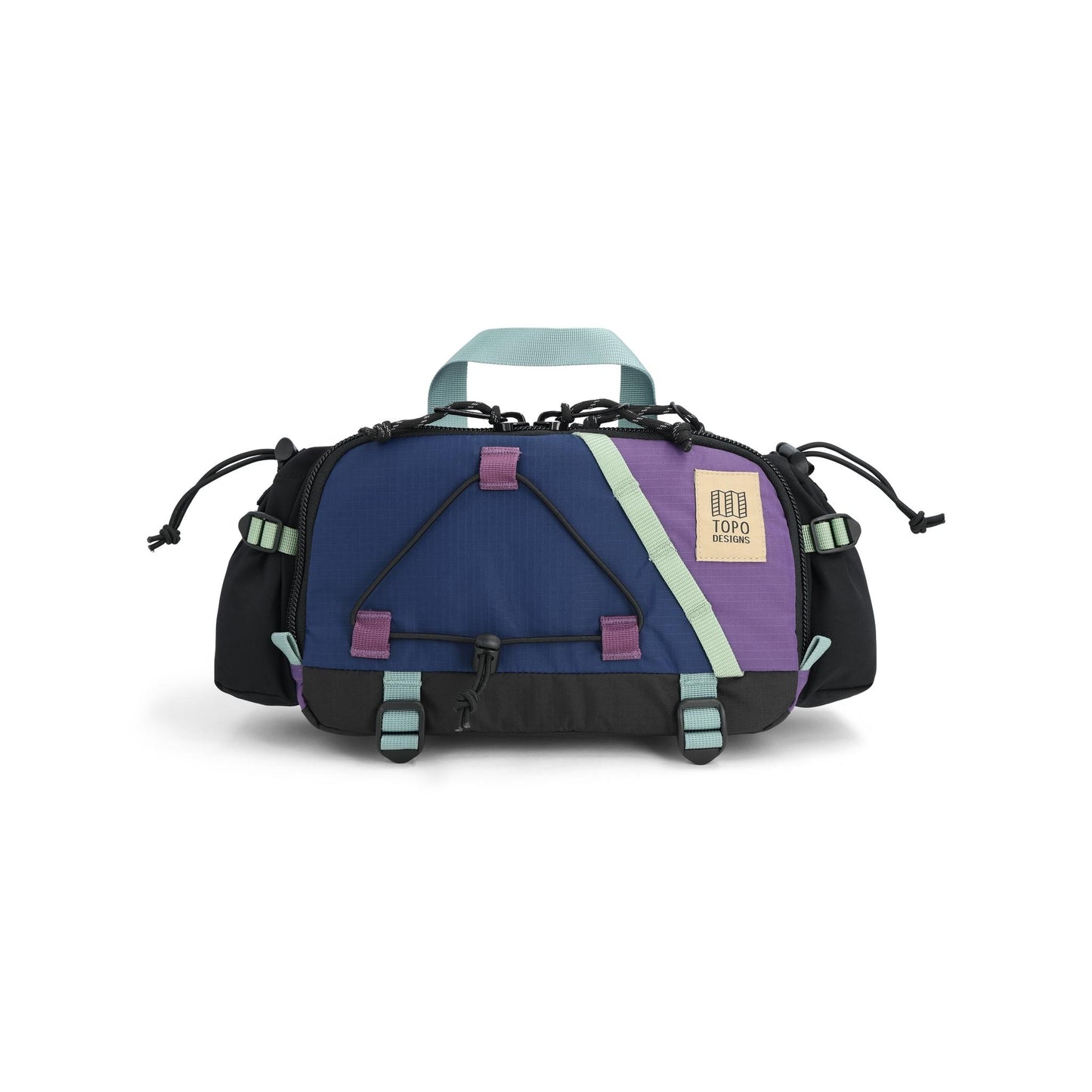 Front View of Topo Designs Mountain Hydro Hip Pack in "Midnight / Loganberry"