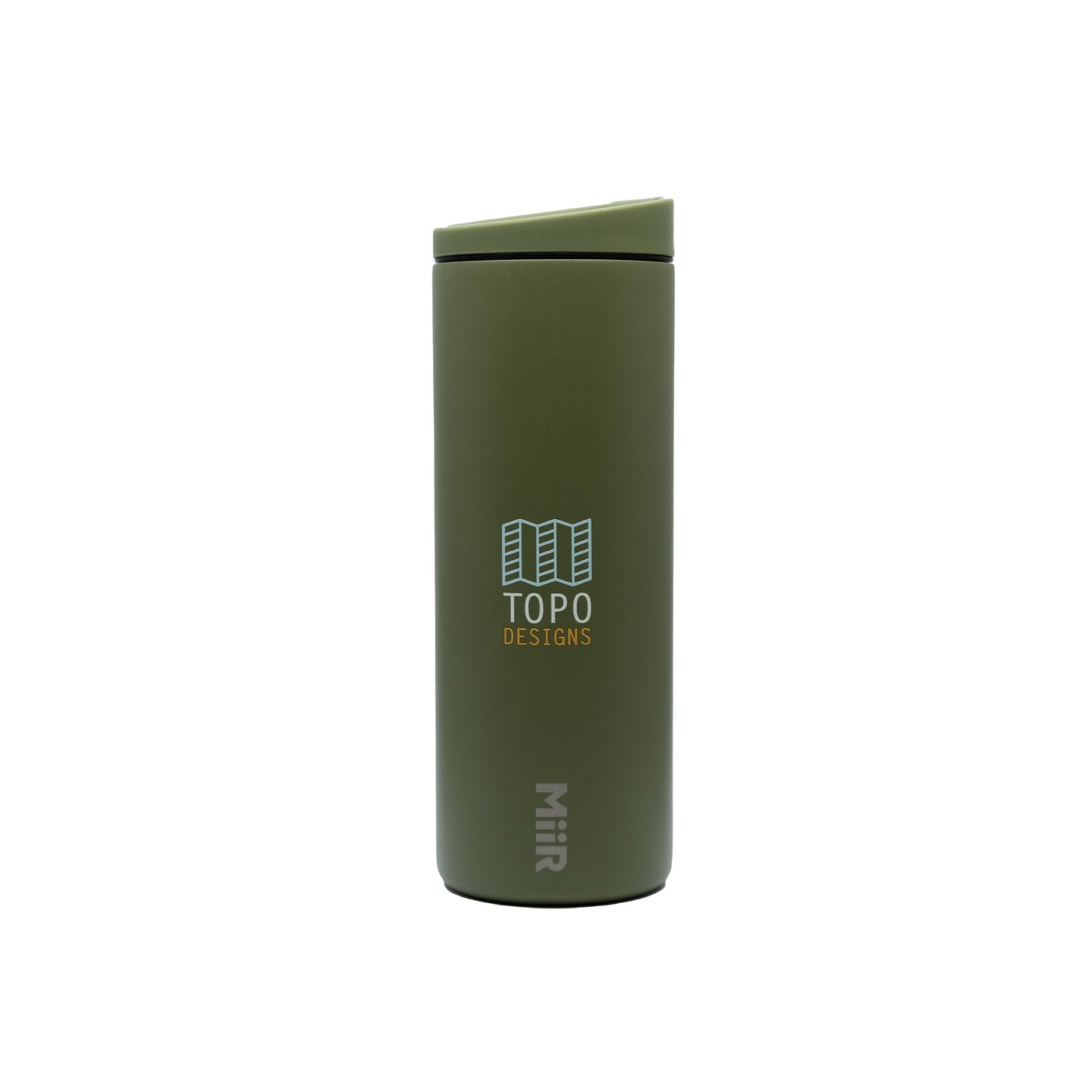 Topo Designs x MiiR Flip Lid "16 oz" Travel coffee Tumbler in "Evergreen Roamer" logo graphics