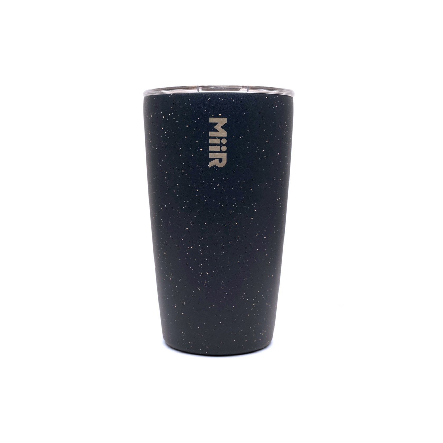 Back of Topo Designs x MiiR 12 oz coffee Tumbler in "Tidal Blue Speckle".