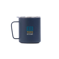 Full top product shot of the Topo Designs x Miir Camp Mug in "Tidal Blue Sunrise" showing lid fitting.