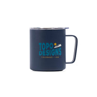 Full top product shot of the Topo Designs x Miir Camp Mug in "Tidal Blue Sunrise" showing lid fitting.