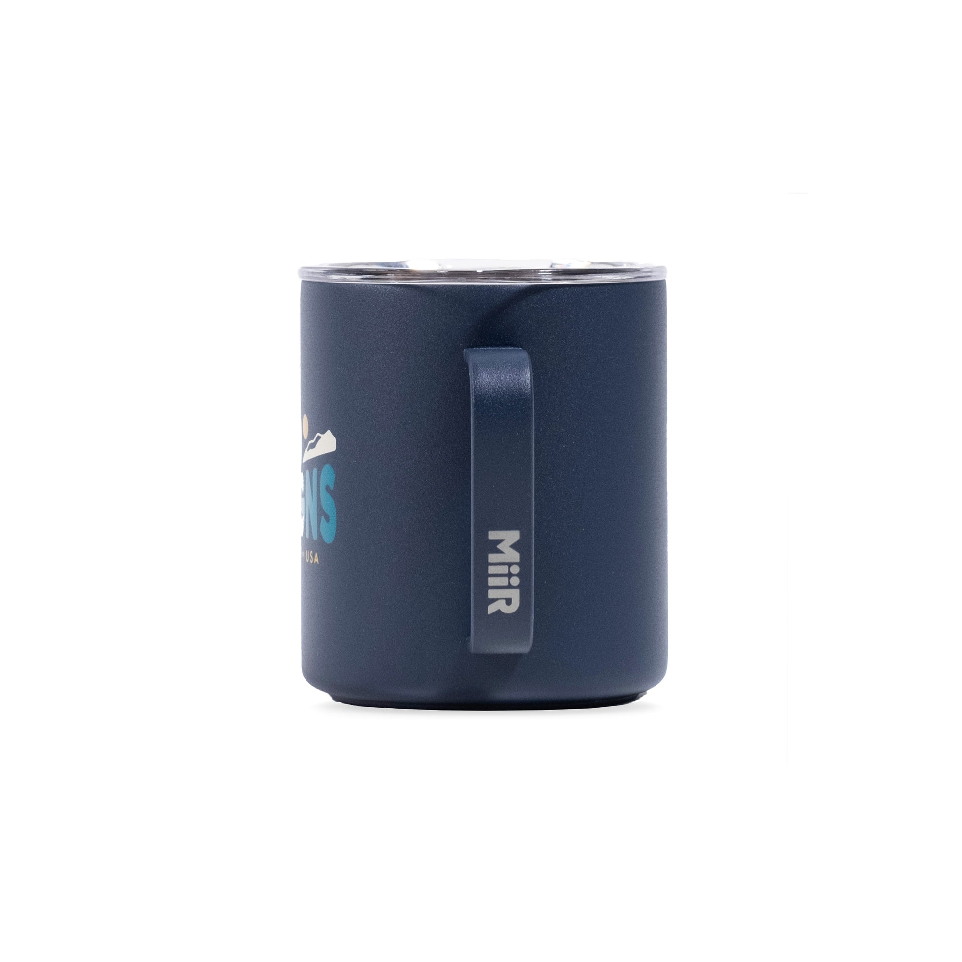 Full top product shot of the Topo Designs x Miir Camp Mug in "Tidal Blue Sunrise" showing lid fitting.