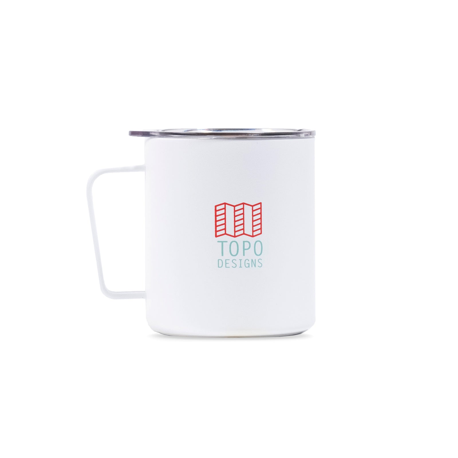 Full top product shot of the Topo Designs x Miir Camp Mug in "White / Turquoise Round Logo" showing lid fitting.