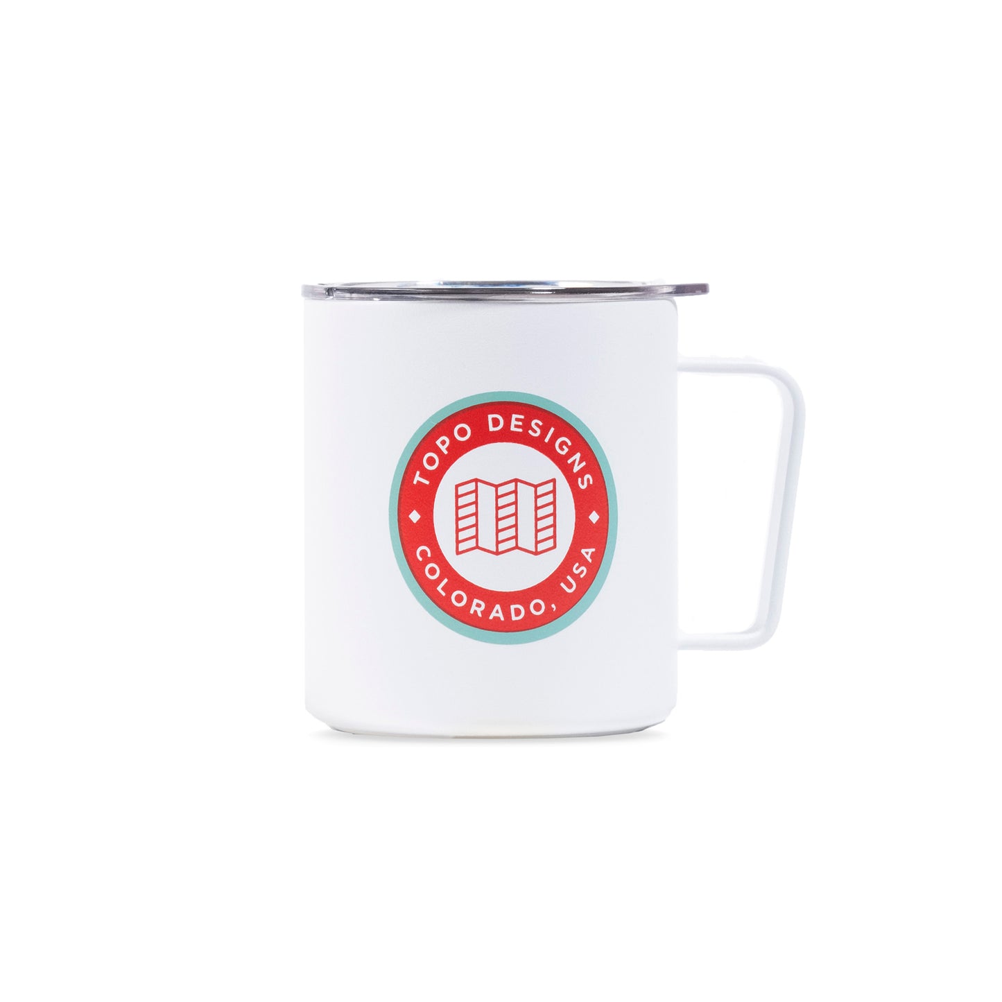 Full top product shot of the Topo Designs x Miir Camp Mug in "White / Turquoise Round Logo" showing lid fitting.