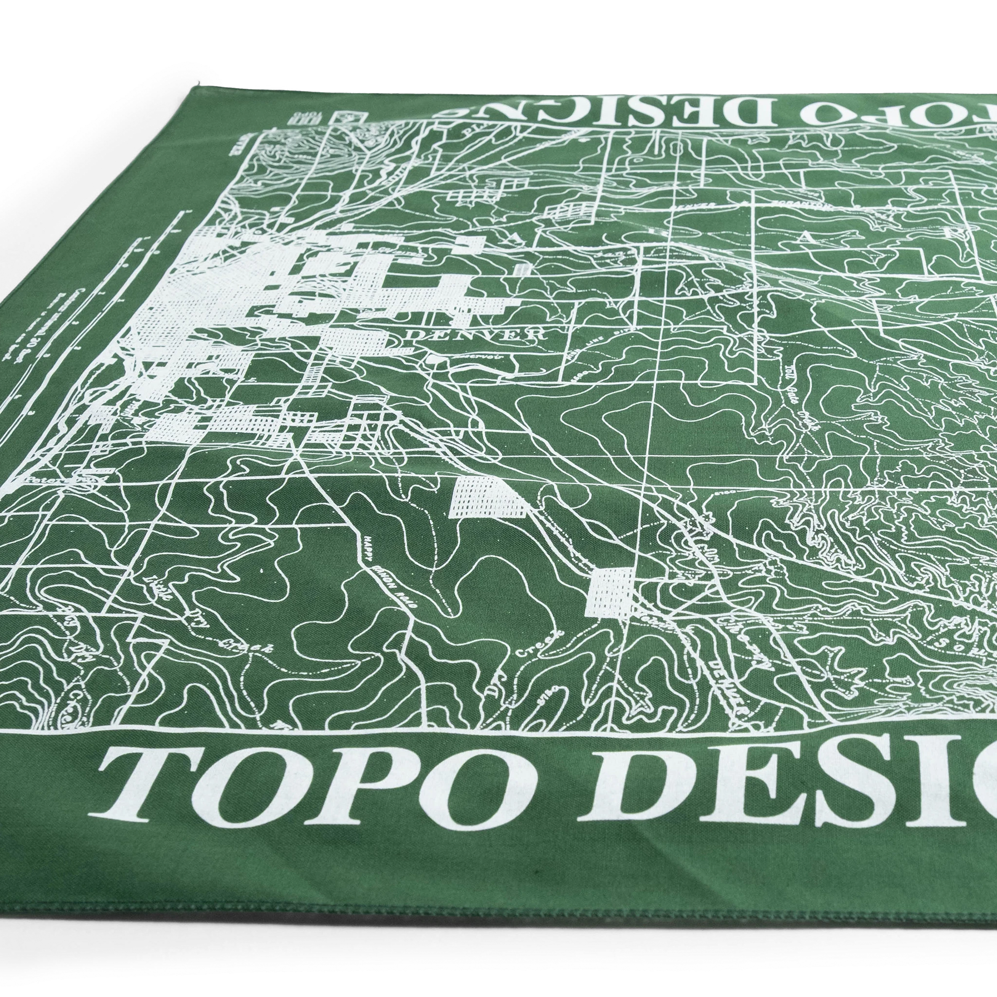 Topo Designs x Pine Printshop Bandana in "Denver Forest" flat lay detail