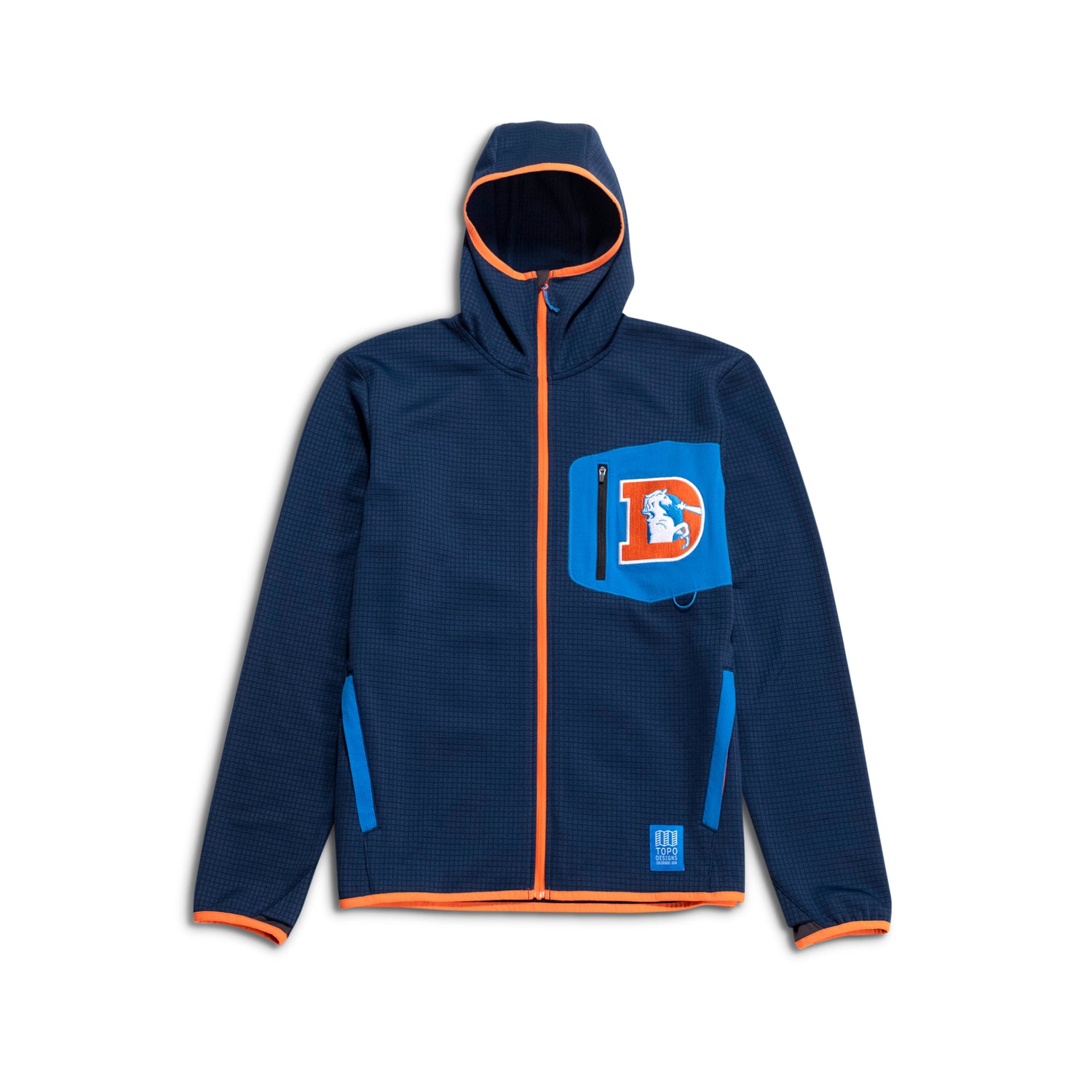 Front View of Topo Designs X Denver Broncos Global Midlayer Hoodie in "Pageant Blue"