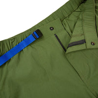 General Detail Shot of Topo Designs Women's River Shorts in Olive green showing front zipper, snap closure, and T-lock belt.