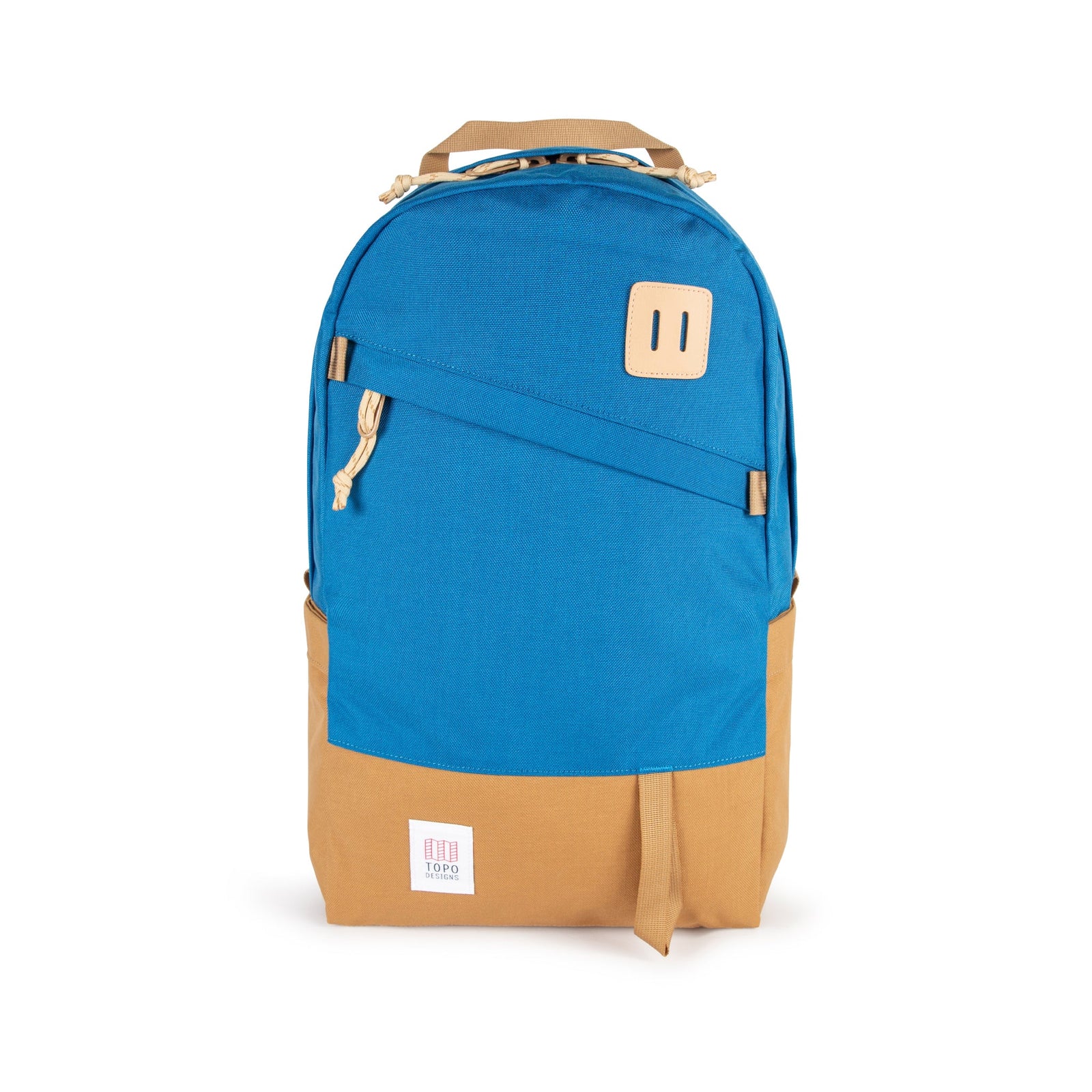 Topo Designs Daypack Classic 100% recycled nylon laptop backpack for work or school in "Blue / Khaki" brown.