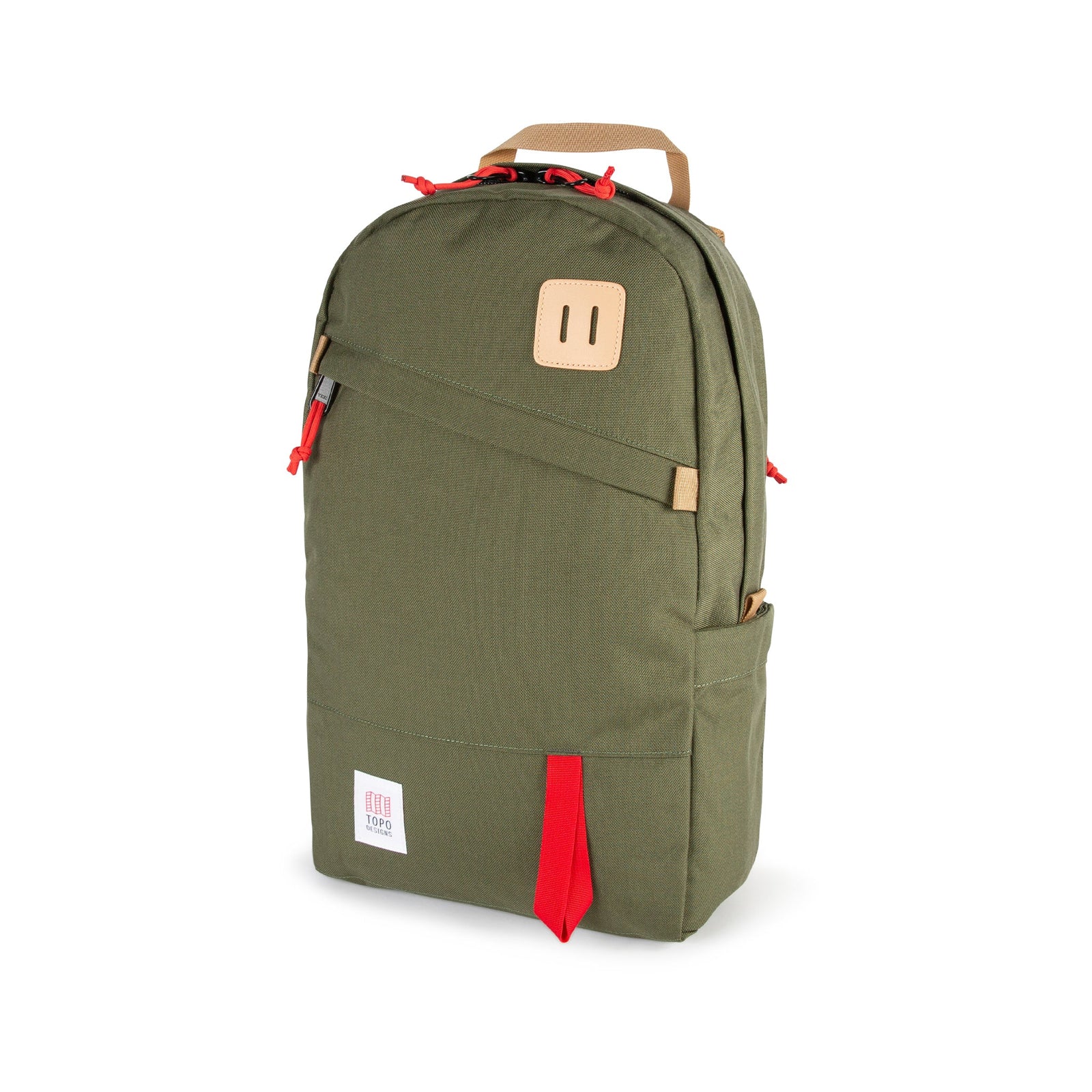 Topo Designs Daypack Classic 100% recycled nylon laptop backpack for work or school in "Olive" green.