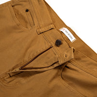 General detail shot of zipper fly on Topo Designs Dirt 5-Pocket Pants in "Dark Khaki"