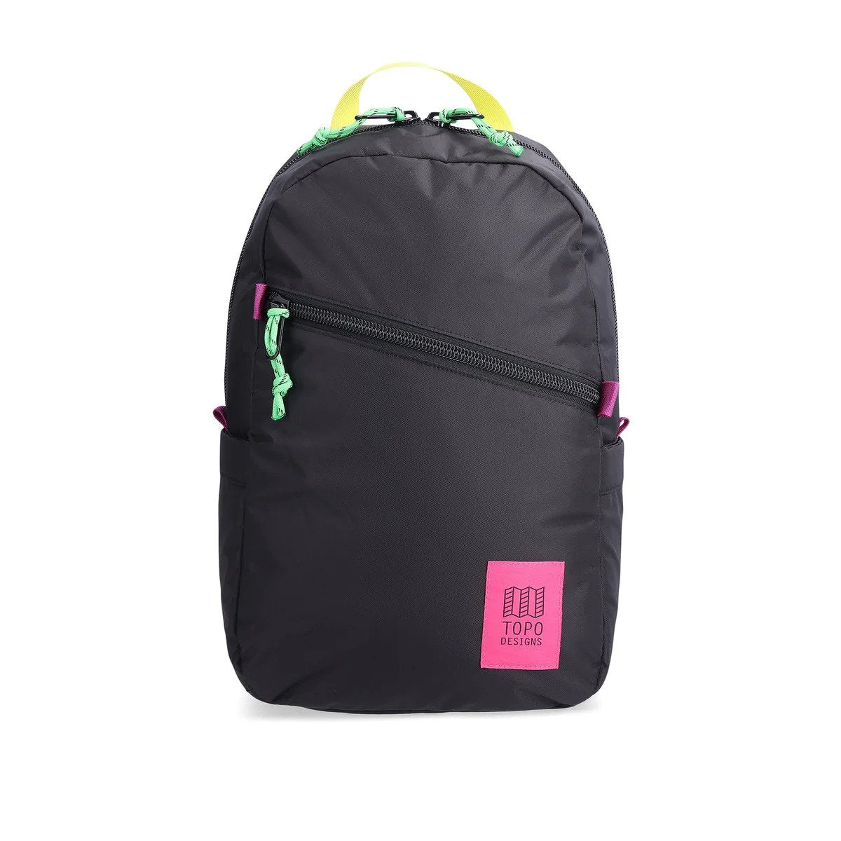 Front view of Topo Designs Light Pack in recycled "Black / Pink" nylon.