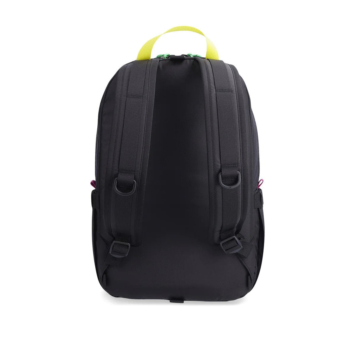 Back view of Topo Designs Light Pack in recycled "Black / Pink" nylon.