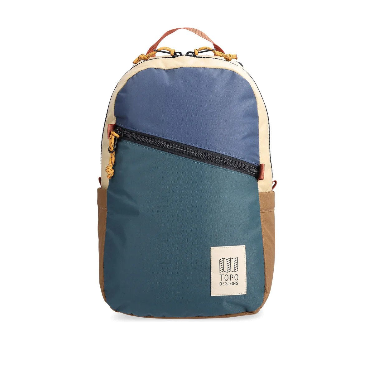 Front view of Topo Designs Light Pack in recycled "Pond Blue / Botanic Green" nylon.
